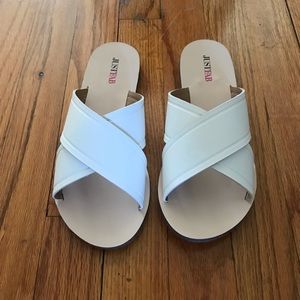 JustFab slip-on-slides. White flat sandal.